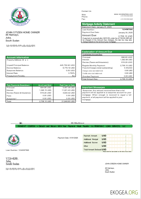 Relevé hypothécaire de la banque South Soudan Ivory aux formats Word et PDF